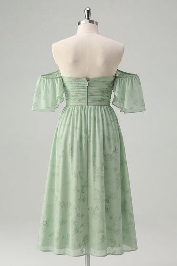 Sage Green A-Line Off The Shoulder Print Floral Midi Dress